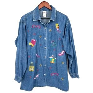 Vintage Warner Bros Studio Store Womens Size Large Denim Tweety Blouse Shirt Top